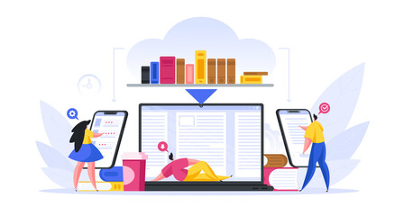 Poster - Contemporary students reading books in online library