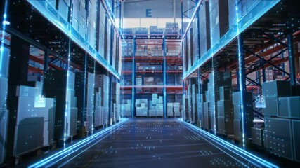 Wall Mural - Futuristic Technology Retail Warehouse: Digitalization and Visualization of Industry 4.0 Process that Analyzes Goods, Cardboard Boxes, Products Delivery Infographics in Logistics, Distribution Center