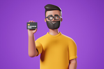 Portrait cartoon character beard man in yellow shirt and glasses show black bank credit card over purple background.