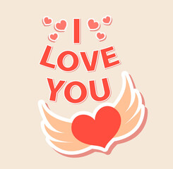 Wall Mural - Cute the inscription love, heart in the wings icon, flat, cartoon style. Isolated on blue background. Vector illustration