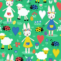 Wall Mural - Cute Easter pattern with bunnies, sheep, ladybugs, hearts, eggs and flowers in bright colors. Seamless vector holiday background. Hand drawn cute illustration for fabric, wrapping, Easter decor, card.