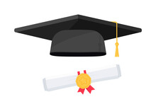 Black Graduation Cap With Degree. Black Hat Of University Graduate, Design Elements . Graduation Cap And Diploma. Element For Degree Ceremony And Educational Programs. Graduation University Or College