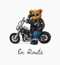 En Route Slogan With Bear Doll Riding Chopper Illustration