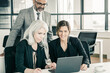 © Mangostar - Cheerful business team watching presentation on laptop, sitting at workplace, staring at display and smiling. Copy space. Business meeting concept
