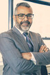 © Mangostar - Experienced businessman standing in office room and looking at camera. Indian content office employee in eyeglasses smiling and posing with folded hands. Business, management and corporation concept