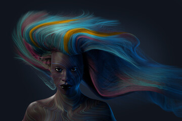 Wall Mural - artistic portrait of a woman with long flowing hair. vr concept. 3d render / rendering