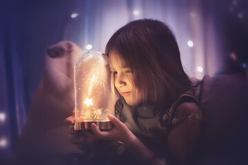 magic photo. a girl watches as a star falls