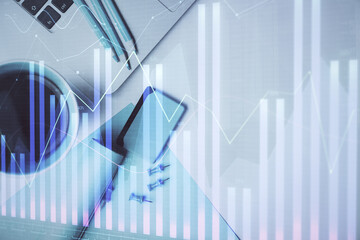 Fototapete - Double exposure of forex graph drawing over desktop background with computer. Concept of financial analysis. Top view.