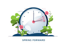 Daylight Saving Time Concept. The Clocks Moves Forward One Hour. Floral Landscape With Text Spring Forward, The Hand Of The Clocks Turning To Summer Time, For Website Design. Flat Vector Illustration