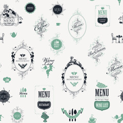 Wall Mural - Seamless pattern on the theme of restaurant or cafe menu in vintage style. Repeating vector background with ornate frames, curlicues, fruits, inscriptions and elegant design elements