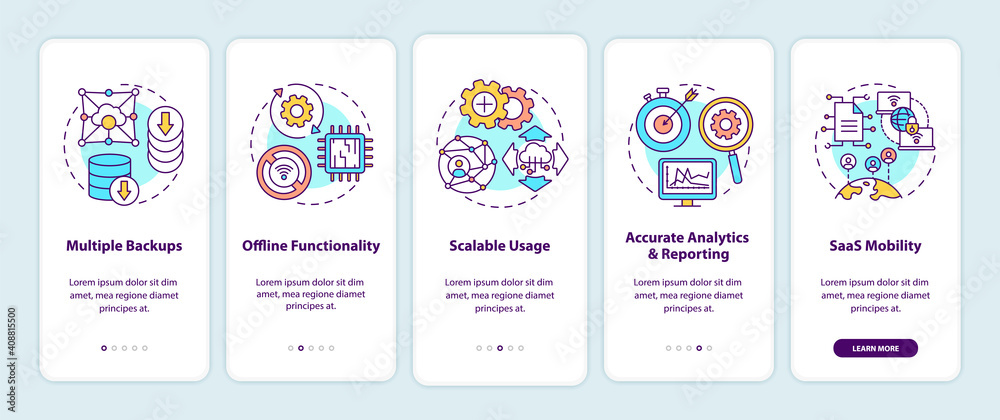 SaaS pros onboarding mobile app page screen with concepts. Multiple ...