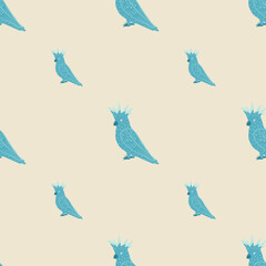  Minimalistic style animal seamless pattern with blue colored cockatoo parrot shapes. Light background.