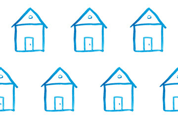 Seamless pattern with blue house icon on white backboard. Cartoon style baby illustration. Architecture, construction, village, homepage. Creative kids city texture for fabric, wrapping or textile