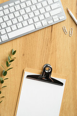 Fototapete - Modern wood office desk table with keyboard, clipboard, office supplies. Top view, flat lay. Minimal style feminine workspace.