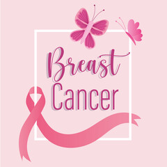 Wall Mural - Breast cancer hand drawn lettering ribbon and pink butterflies