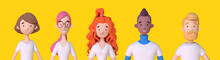 Collection Of 3D Avatars Of Young Men And Women In White T-shirts. Group Of Friendly Diverse People Standing Together. Trendy 3d Illustration