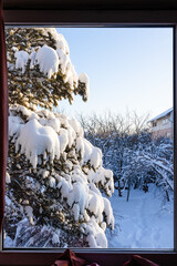 Wall Mural - view of snow-covered backyard through window on country house in cold sunny winter evening