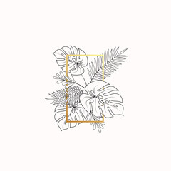 Canvas Print - Monstera and Fern Tropical Leaves Decorative Composition Banner or Label Template. Abstract Foliage with Rectangle Golden Frame. Good for Wedding or Party Invitation, etc. Isolated