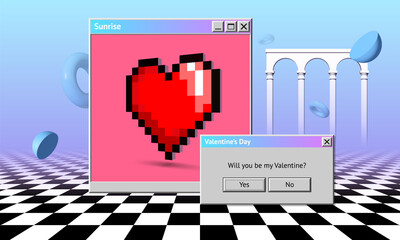 Wall Mural - Vaporwave styled Valentine's Day greeting card with dialogue window asking romantic question. Pixel heart over the checkered floor in the surreal pastel landscape with retro computer theme from 90s.