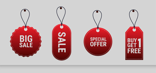 Poster - Advertising offer sale ribbon banners collection isolated. Vector price tags set isolated on red background