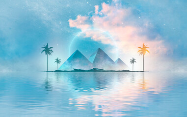 Wall Mural - abstract futuristic fantasy sea landscape with egyptian pyramids. island with palm trees on the beac