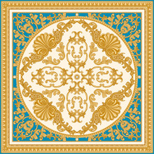 Vector Carpet Print On A Beige And Turquoise Background. Fashionable Pattern From Gold Carved Frames, Baroque Scrolls, Rococo Shells. Scarf, Shawl, Neckerchief, Rug. 3 Pattern Brushes In The Palette