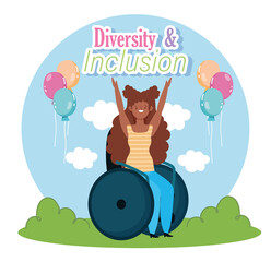 Poster - disabled girl sitting in a wheelchair celebrating, inclusion