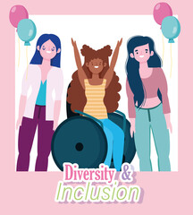 Poster - disabled smiling woman sitting on wheelchair, diverse girls together, inclusion