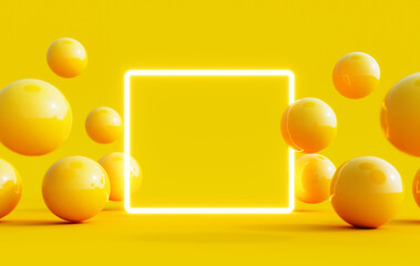 abstract summer background with light mock up square in the middle and yellow balls flying around 3d