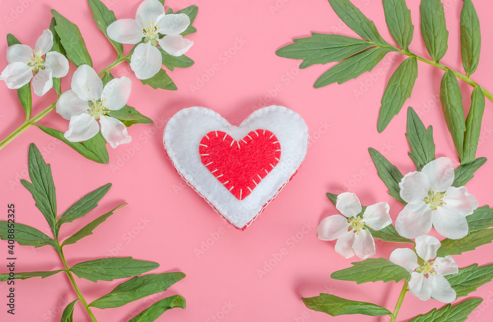 Valentine's day card, red heart with a frame of flowers on a pink background - obrazy, fototapety, plakaty 