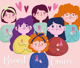 Wall Mural - Breast cancer group young women cartoon with pink ribbon