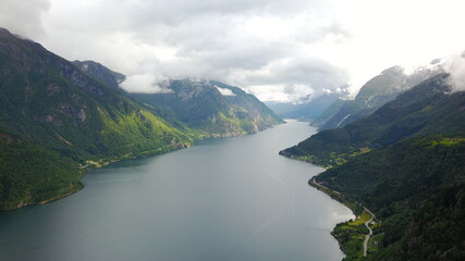  View to fjord and water from drone in Norway