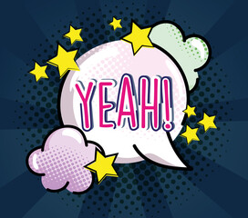 Sticker - pop art speech bubble stars clouds with text Yeah halftone