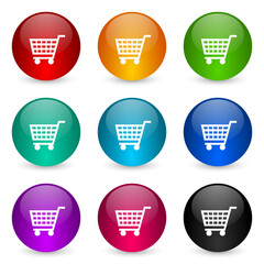 Poster - Shopping cart, shop, trolley icon set, colorful glossy 3d rendering ball buttons in 9 color options for webdesign and mobile applications