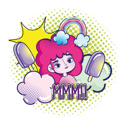 Poster - pop art cute girl pink hair ice creams rainbow explosion clouds halftone background