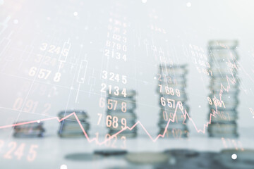 Poster - Double exposure of abstract creative statistics data hologram on growing coins stacks background, analytics and forecasting concept