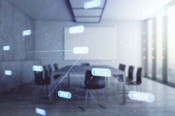 double exposure of abstract programming language interface on a modern meeting room background, rese