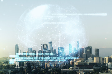 Poster - Multi exposure of abstract programming language hologram and world map on Los Angeles office buildings background, artificial intelligence and neural networks concept