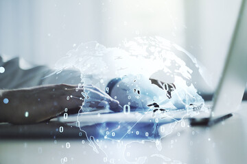 Poster - Double exposure of abstract programming language hologram with world map and hands typing on laptop on background, research and development concept