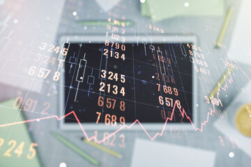 Aufkleber - Multi exposure of stats data illustration and modern digital tablet on background, top view, computing and analytics concept