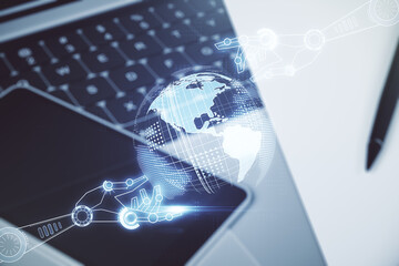 Poster - Creative concept of robotics technology with globe sketch on modern laptop background. Robot development and automation concept. Multiexposure