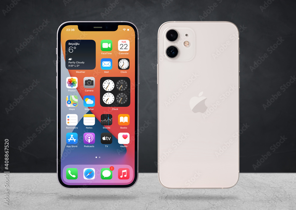 Antalya, Turkey - January 25, 2021: Apple iPhone 12 front screen and back side of the phone.