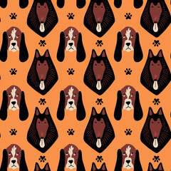 Wall Mural - Vector seamless pattern with Basset Hound, Collie and paw prints on orange background. Cute dogs illustration for fabric, textile, background, wallpaper