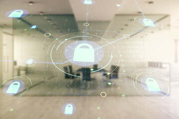 Aufkleber - Virtual creative lock illustration with microcircuit on a modern furnished classroom background, cyber security concept. Multiexposure