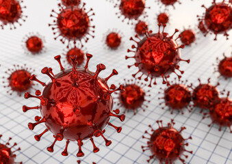 3D render image representing corona virus cells and vaccine 