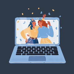 Wall Mural - Vector illustration of two woman celebrate online. Two happy girl have party at laptop screen on dark backround.