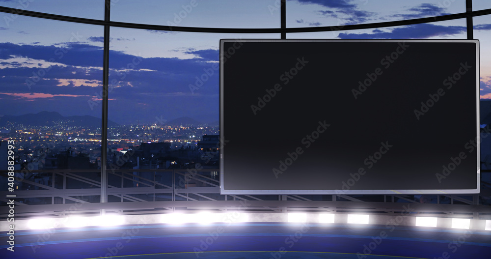 Industrial TV show backdrop with an empty screen. Ideal for virtual tracking system sets, with green screen. (3D rendering) - obrazy, fototapety, plakaty 