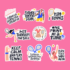 Tennis quotes, sport phrases vector letterings set. Athletes and sport facilities flat illustrations with typography collection. Handwritten mottos inscriptions isolated doodle drawings pack