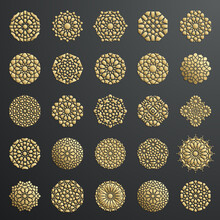 Gold Islamic Ornament Vector On Black Background, Persian Motiff. 3D Flower Arabic Star Geomeric Ornament. Round Pattern Elements Arabesque Mandala. Geometric Logo Template Set. Circular Ornamental