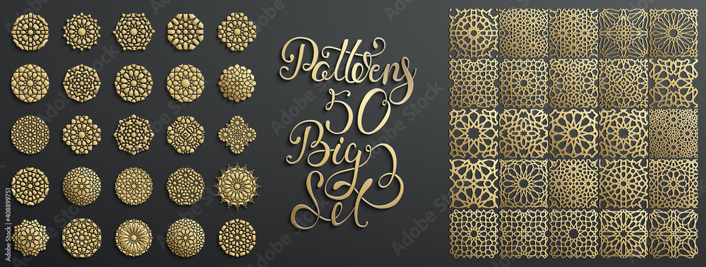 Gold ornament on black. Islamic pattern set. Arabic geometric pattern bundle, east ornament, indian ornament, persian motif. Eid mubarak wall art gold texture template. - obrazy, fototapety, plakaty 